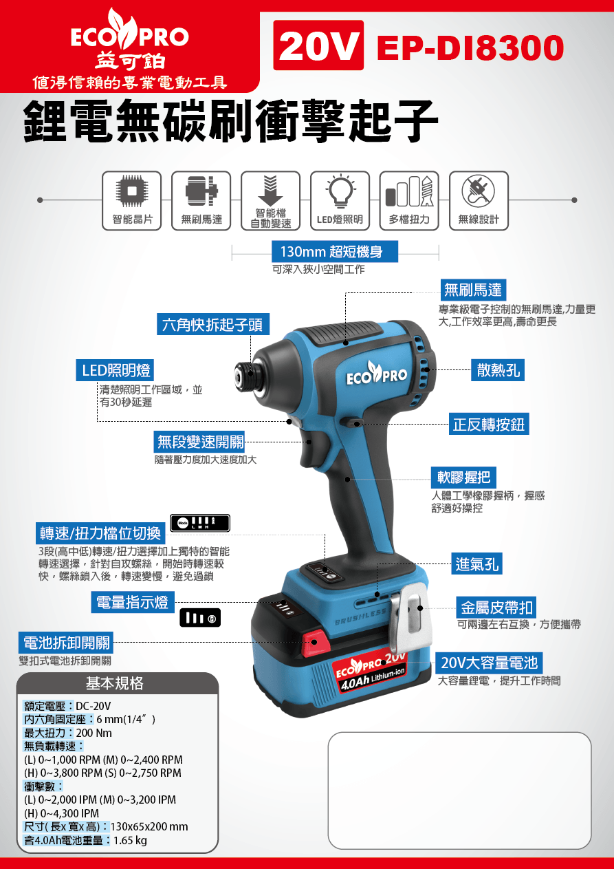 20V 鋰電無碳刷衝擊起子