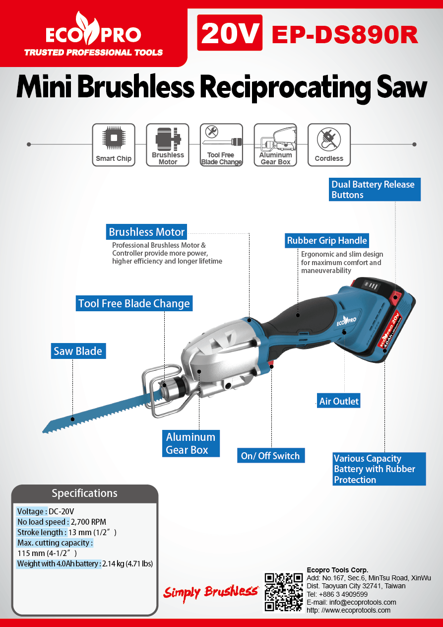 Brushless Power Tools / ECOPRO 20V Mini Brushless Reciprocating Saw