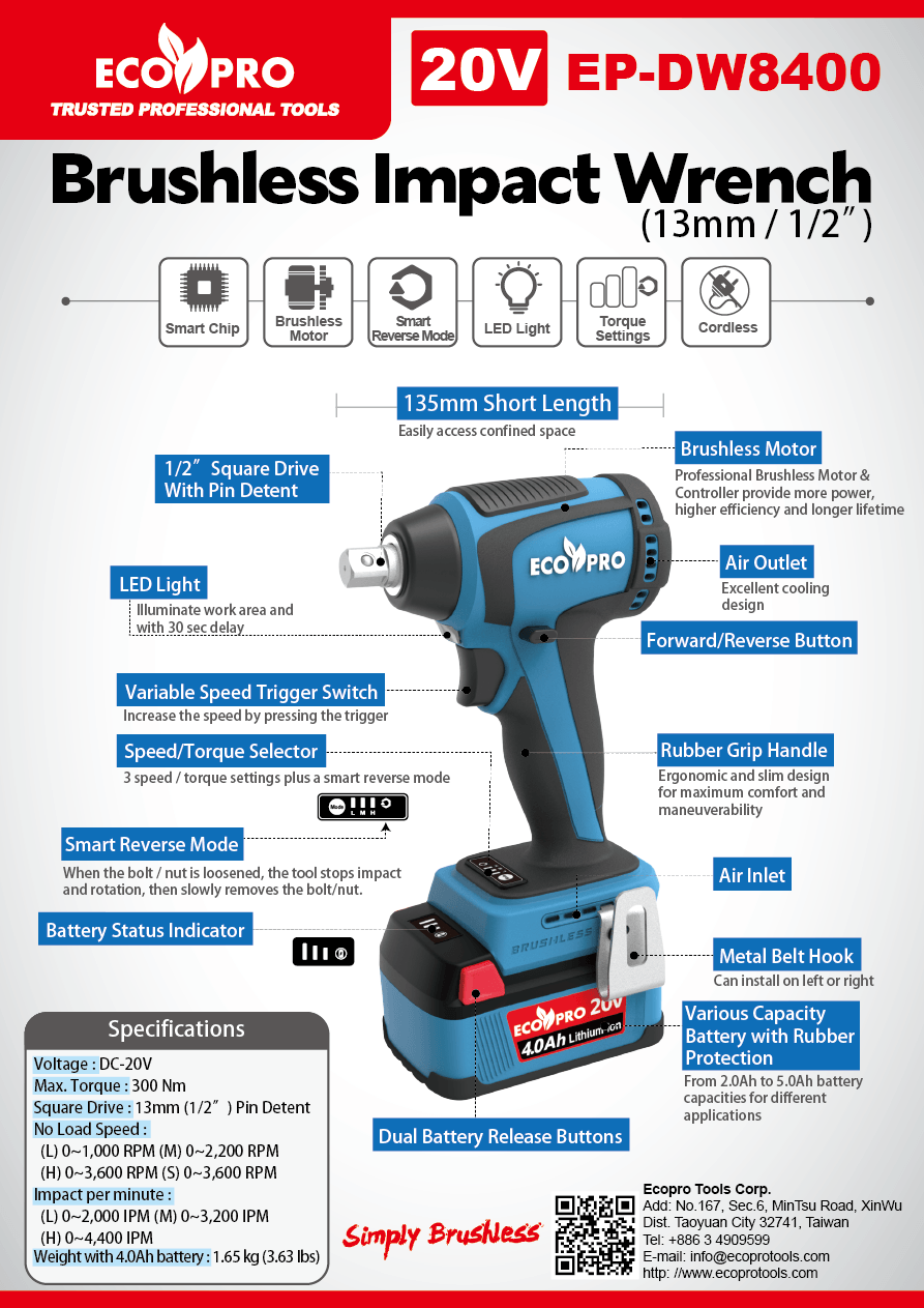 Brushless Power Tools / ECOPRO 20V Brushless Impact Wrench